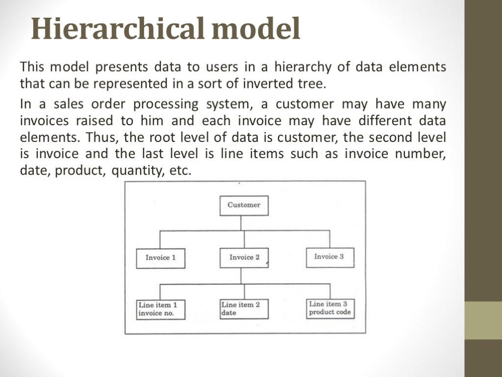 Hierarchical model This model presents data to users in a hierarchy of data elements